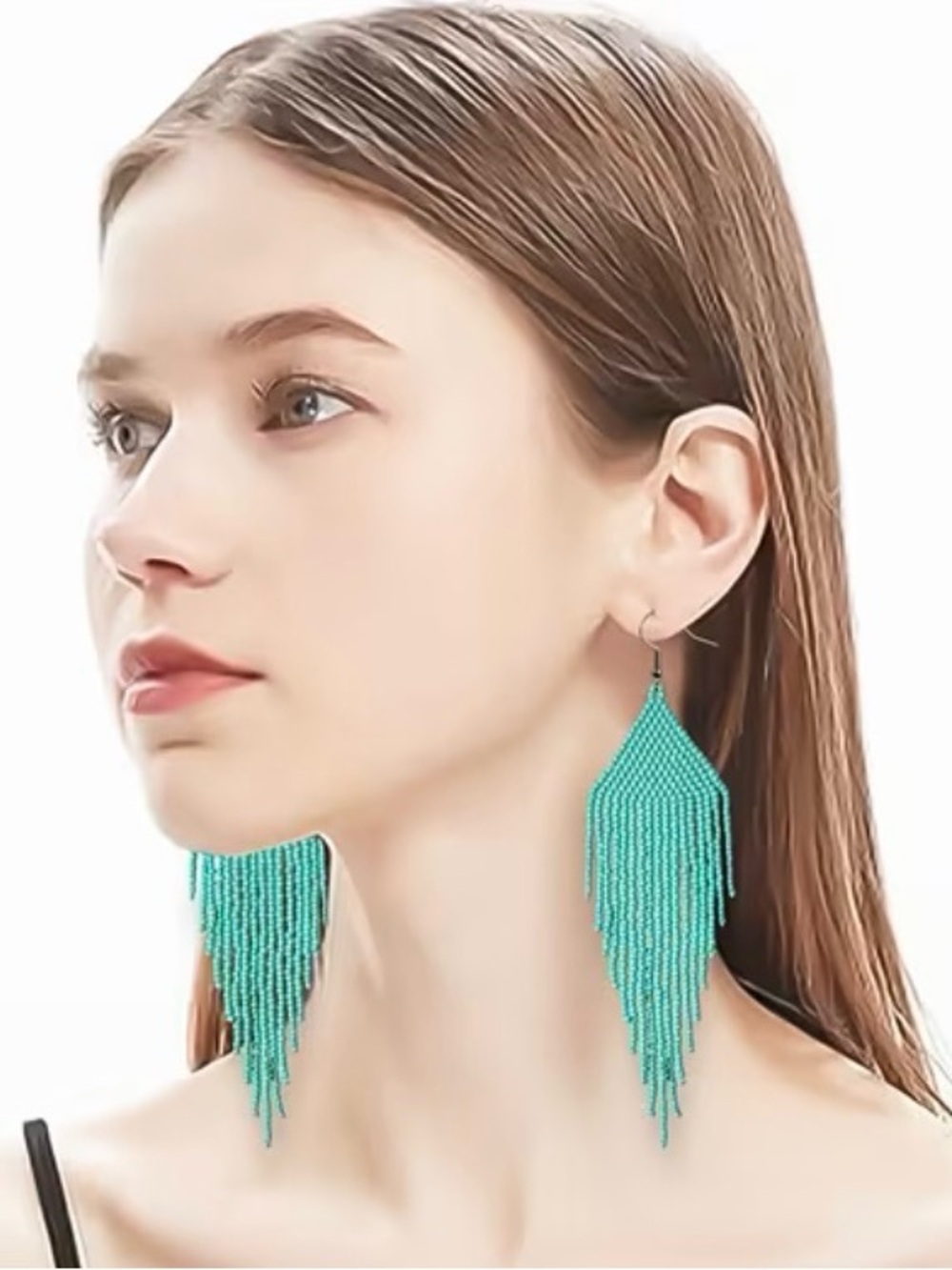 Bohemian Turquoise Handmade Beaded Fringe Drop Earrings